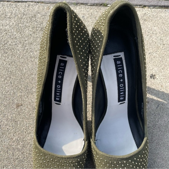 Alice + Olivia Dina Pumps in Green Kid Suede Gold Studded EU 36 US Size 6 - Picture 6 of 14